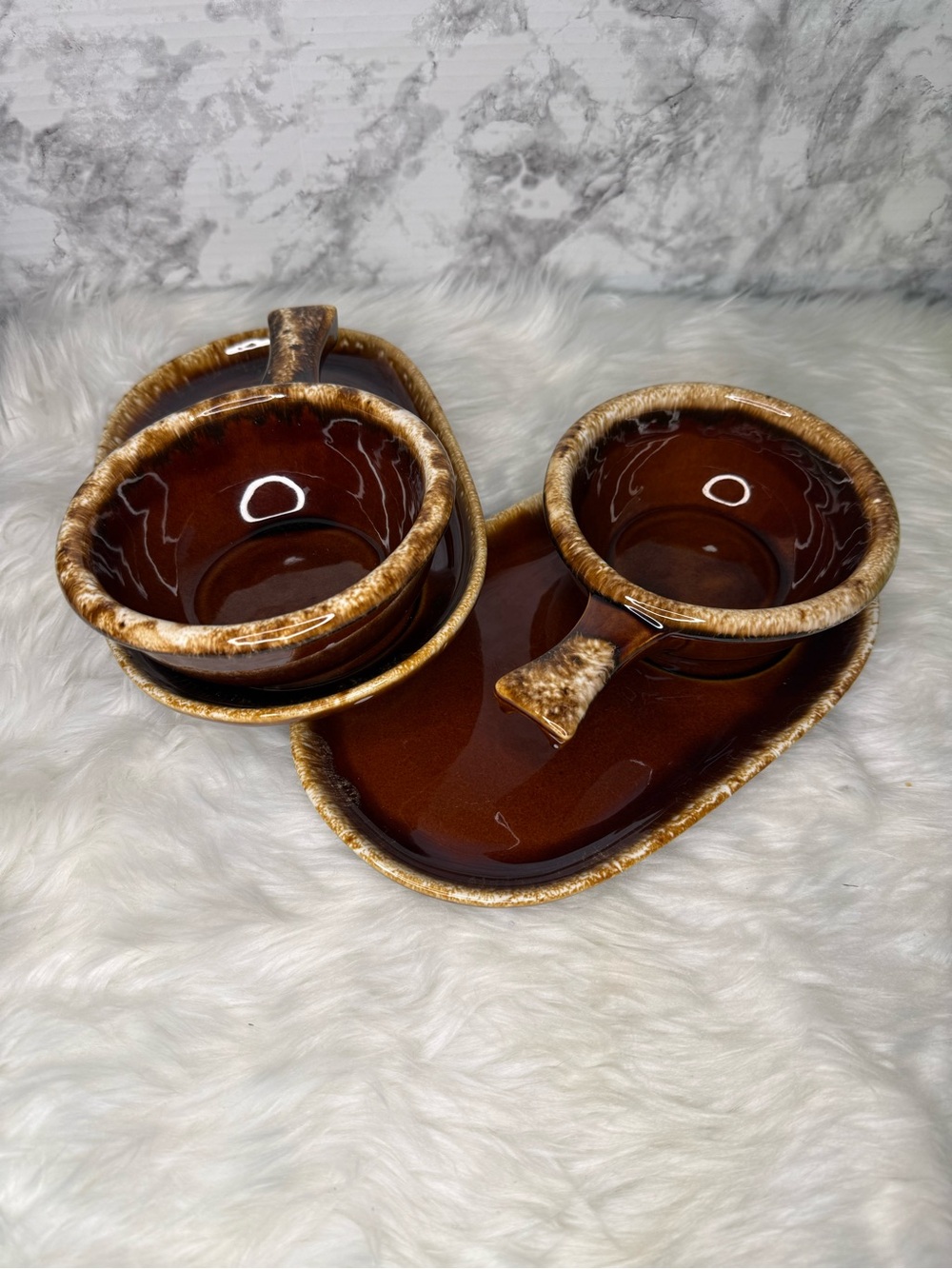 Vintage Hull Pottery "Brown Drip" Soup and Sandwich Snack Set